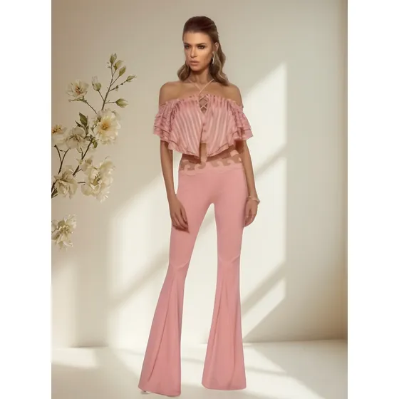 Calça Flare Rose Com Cos Tule Bordado  Tam 38