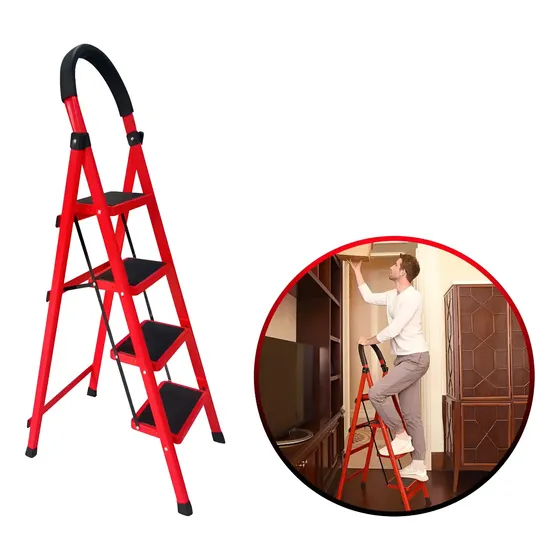 Escalera Tijera Acero Plegable 4 Pasos Multifuncional Color Rojo | Cuotas sin interés