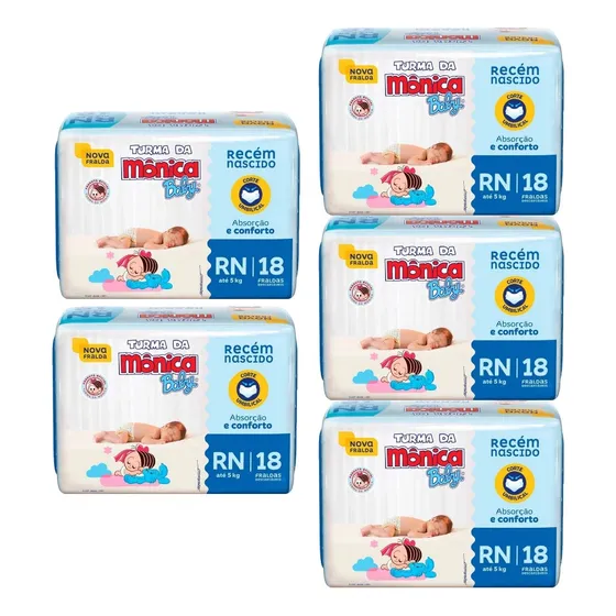 Fralda Turma Da Mônica Baby Tamanho Rn / 18 Unid - 5 Pacotes Gênero Sem Gênero Tamanho Recém-nascido (rn)