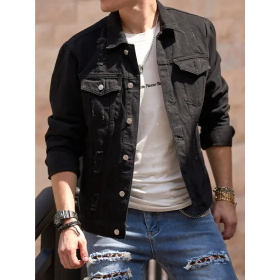 Chaqueta De Jeans Rasgada Con Bolsillos Para Hombre Urbana