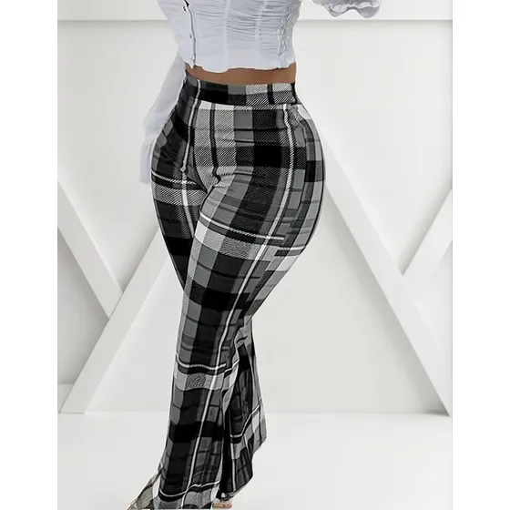 Pantalones Acampanados De Cintura Alta  Estampado De Cuadros