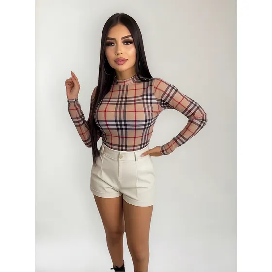 Body Tule Blusa Feminina Manga Longa Segunda Pele Moda Sexy Nude Xadrez Único 36 Ao 42