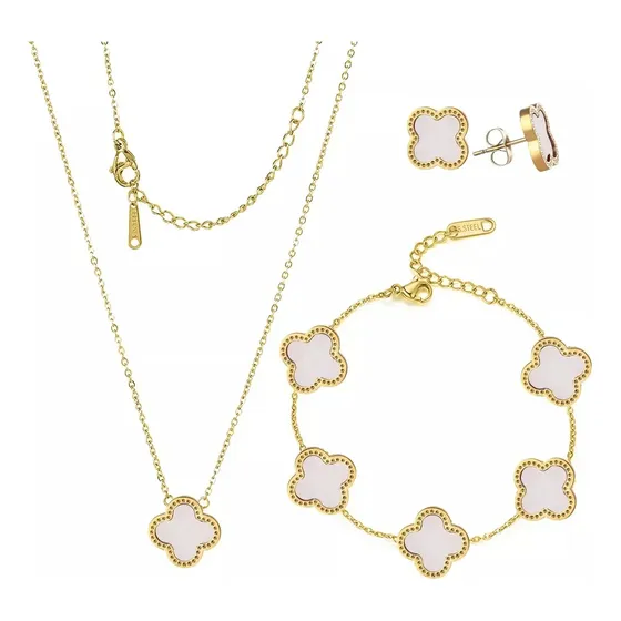 Conjunto Joyas Trébol Elegante Collar Pendientes Pulsera 18k