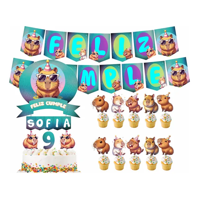Capibara Adorno De Torta Y Cupcake Topper + Banderin Kit