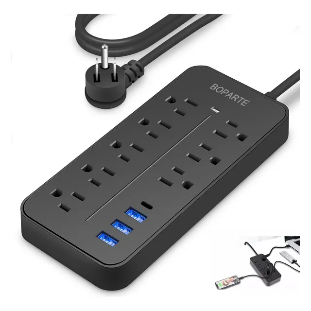 Boparte EL08 Multicontacto de 8 tomas con usb color negro largo del cable de 1.2m 10A