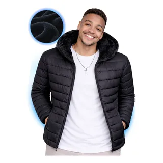 Jaqueta Puffer Bobojaco Blusa Impermeavel Capuz Removivel Preto M Liso