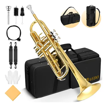 Kit Trompete Vedo Si Bemol Bb Laqueado Estojo Case Luxo Amarelo