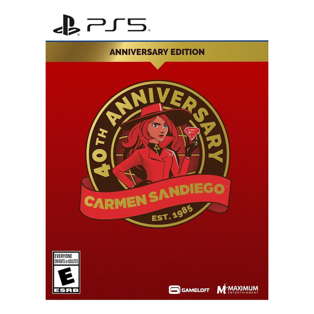 Capa frontal do jogo Carmen Sandiego 40th Anniversary Edition para PlayStation 5 com o emblema comemorativo e a personagem principal em fundo vermelho.