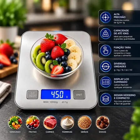 Balança De Cozinha Digital Eletrônica Touch 10kg Inox Display Led LCD Culinária Pesagem Para Dieta Portátil Alimentar Comida Domestico Confeitaria Hardline