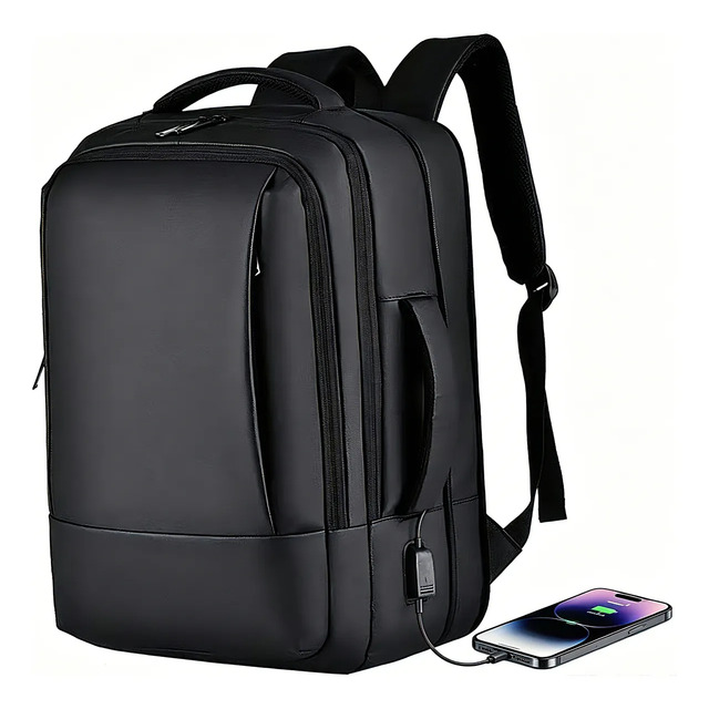 Mochila Dos Homens Com Faixa Impermeável Para Expansão Preto Liso Mochila Dos Homens Com Faixa Impermeável Para Expansão Preto Liso