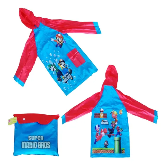 Poncho Impermeable Super Mario En Peva Rojo Azul Para Niño