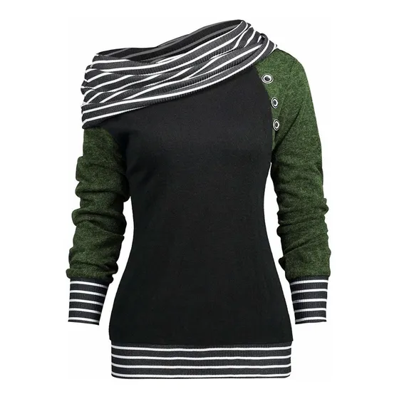 Moda Dama Cuello Redondo Manga Larga Raya Patchwork Top