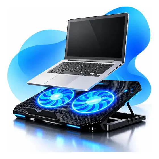Base refrigerada notebook, suporte para notebook, cooler duplo, LED azul, ajustável, regulável e até