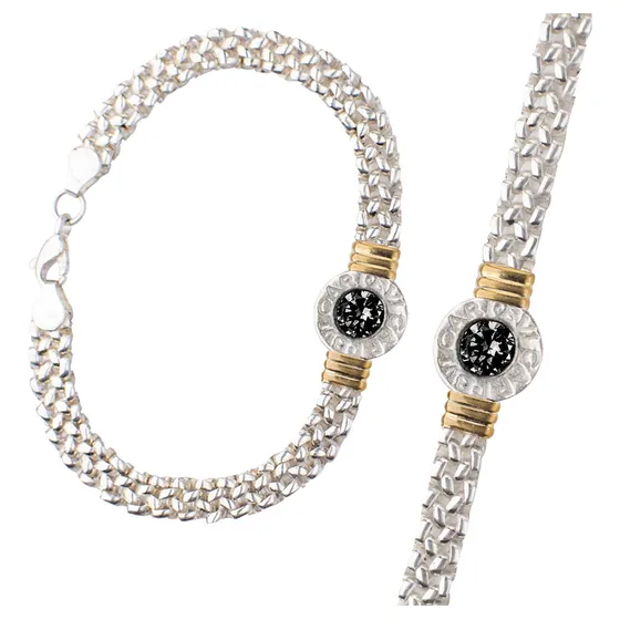 Pulsera Plata Y Oro Mujer Cubic Y Onix - Payasón Regalo Negro 19 Cm