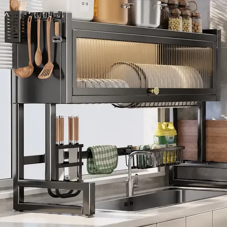Escorredor Louca Inox Preto Com Tampa Protetora Contra Poei 85cm