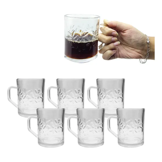Jogo 6 Xícaras Caneca De Vidro Transparente Com Alça 250ml