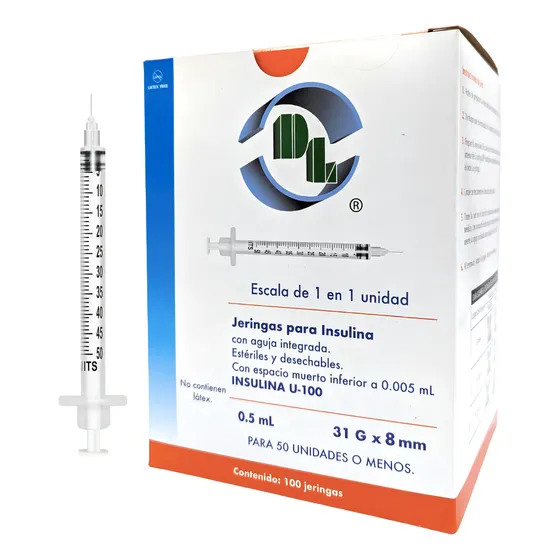 100 Jeringas Para Insulina 0.5 Ml Con Aguja 31x8 Estéril Capacidad En Volumen 5 Ml