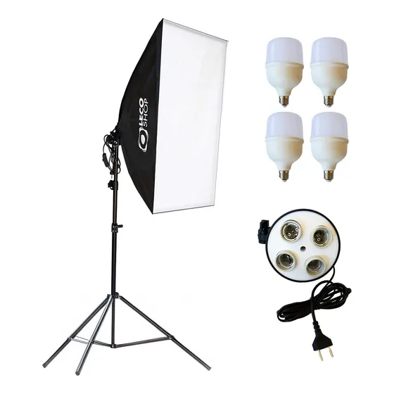 Kit Softbox Quadruplo 50 X 70 + Tripé 2m + 4 Lampadas Led