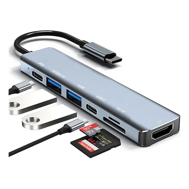 Hub Adaptador Usb Tipo-c 7 En 1 Accesorios Para Windows/mac Color Gris Oscuro