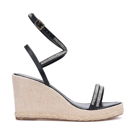 Sandália Feminina Anabela Salto Corda Tiras Strass