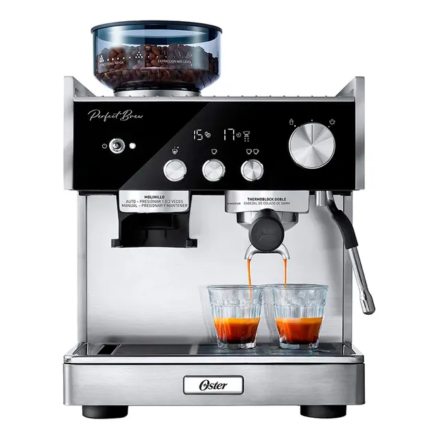 Oster BVSTEM7400 Cafetera Automatica Espresso Barista Molinillo 2,8L Plateado/Negro
