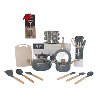 Set Ollas Fary Gris Granito Especiero Tabla Utensillos Set Ollas Fary Gris Granito Especiero Tabla Utensillos