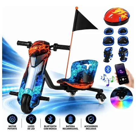 Triciclo Drift Infantil Elétrico Mini Moto 6.5' 3 Velocidade Água/fogo