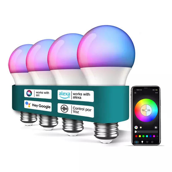 4 Focos Led Inteligentes Rgbcw Alexa Google Siri 9W E27 Wifi 2.4G Luz Multicolor 127V