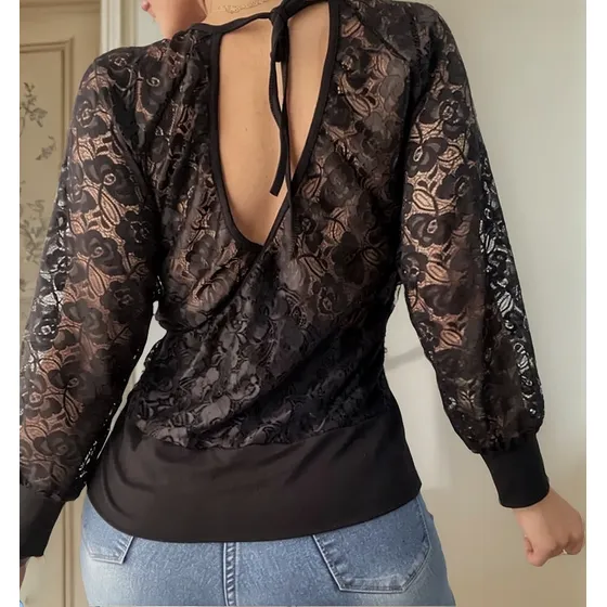 Blusa Camisa Espalda Cruzada Encaje Lazo Mangas Largas Tul