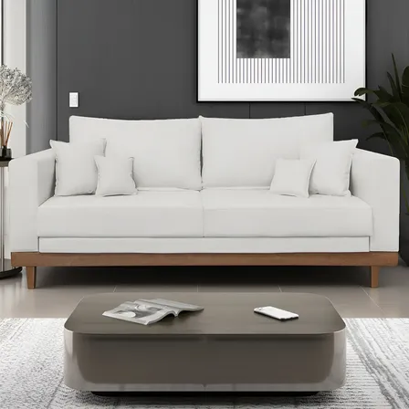 Sofá Living 3 Lugares Linho Reforçado Base Madeira Com Almofadas