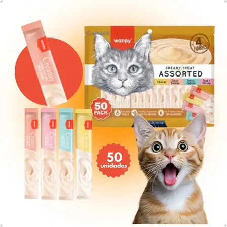 Petisco cremoso wanpy para gatos – kit com 50 unidades de sabores sortidos