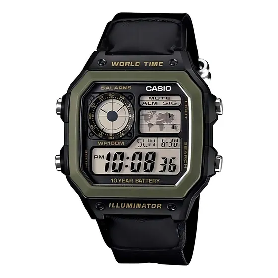 Reloj pulsera digital Casio AE-1200WHB-1B con correa de tela color negro - bisel verde