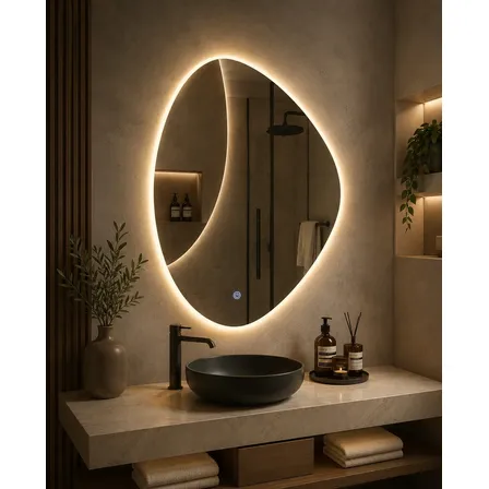 Espelho Orgânico Led Quente Com Touch 60x40cm Premium Lavabo Led Quente 3000k Botão Touch Led Quente 3000k Botão Touch