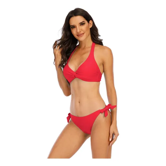 Bikini Unicolor Halter Con Nudo Al Frente Halcurt 