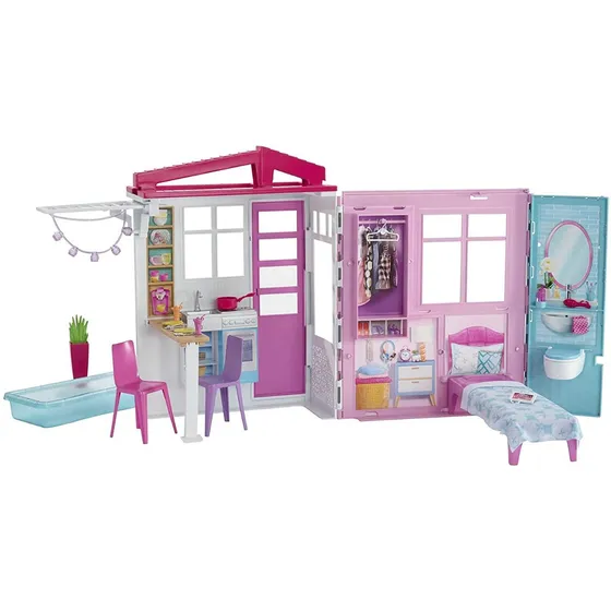 Barbie Casa De Muñecas, Juego Portátil De 1 Piso Con Piscina