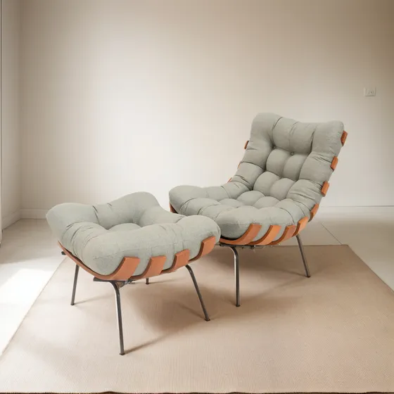 Poltrona Costela Com Puff Linho Para Sala Quarto Decorativa