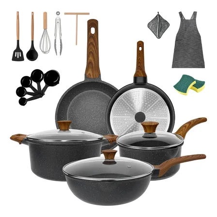Batería De Cocina Antiadherente Ironhoof 24 PiezasJuego De Ollas Y Sartenes Para Inducción Y Gas,fácil Limpieza,incluye Wok Accesorios Y Delantal,medical Stone,negro