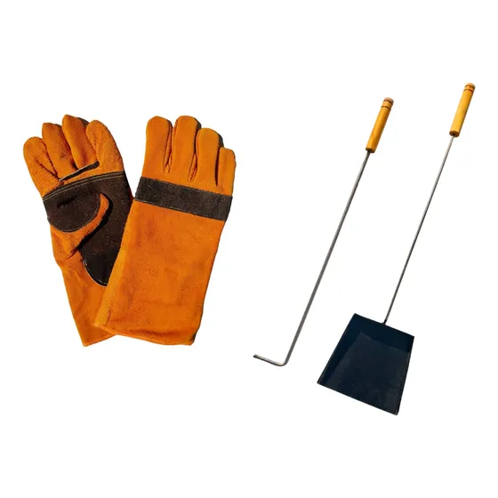 Kit Parrilla Pala Atizador Y Guantes Asador Cuero Kevlar 
