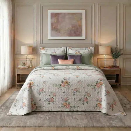 Colcha Cobre Leito Casal Estampada Floral Dupla Face Kit 3 Peças Microfibra 150 Fios Matelassê Antialérgica Porta... Florido Coral-claro