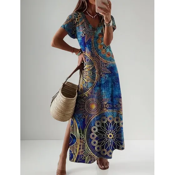 Vestido Suelto De Manga Corta Con Estampado Casual  De Playa