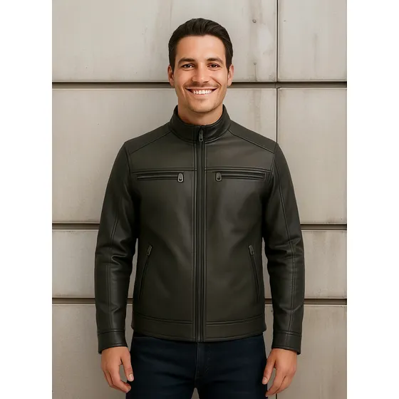 Jaqueta Masculina De Couro Slim Forrada Elegante Frio