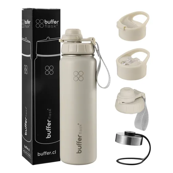 Termo Botella Agua Termica Buffer 700ml Acero Inoxidable + 4 Tapas New Ivory