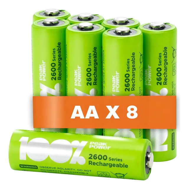 Pilas Recargables AA 100%PeakPower, Paquete de 8 Pilas – Alta Capacidad, Larga Duración, Alto Rendimiento – Baterías Recargables AA ideales para Juguetes, Controladores, Mandos, Adornos de Navidad