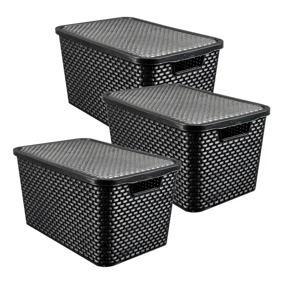 Caixas Organizadora Rattan 7 Litros C/ Tampa Preta Kit 3 Pçs Arqplast