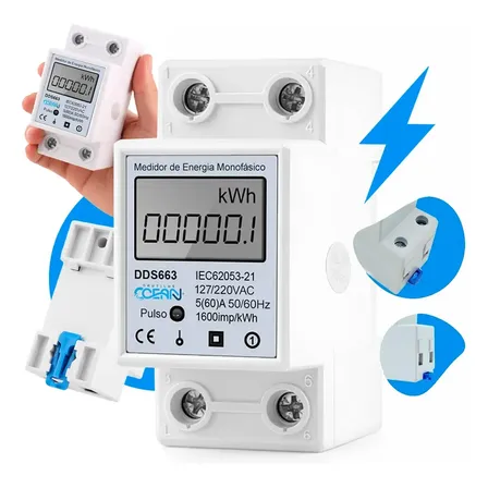Medidor Consumo Energia Elétrica 127v/220v Monofásico Digital 60a Relógio De Luz kWh Para Trilho Din Caixa De Disjuntores Quadro Padrão Residencial Comercial Bivolt Automático - Nautilus Ocean