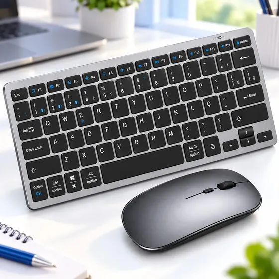 Kit Teclado e Mouse Bluetooth Recarregável Hrebos ABNT2 Sem Fio Cinza Ezsias Armarinhos