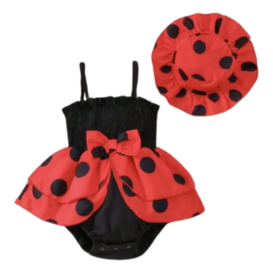 Body Vestido De Mariquita Con Puntos Negro Bebe Con Sombrero