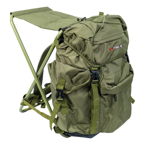 Bolso Mochila + Asiento Pesca Camping Verde Grande Redfish