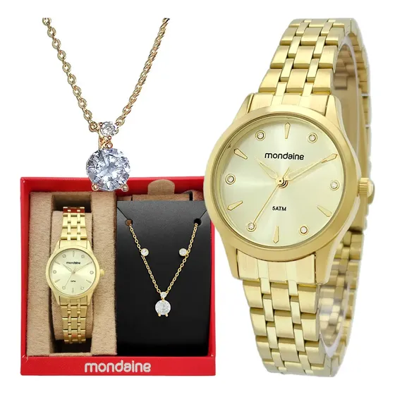 Kit Relógio Mondaine Feminino Dourado com Colar e Brincos 32610LPMKDE1K1