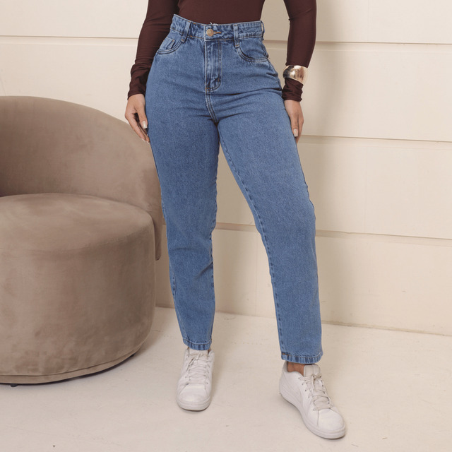 Calça Jeans Mom Feminina Cintura Alta Marmorizada Stillger Calça Jeans Mom Feminina Cintura Alta Marmorizada Stillger